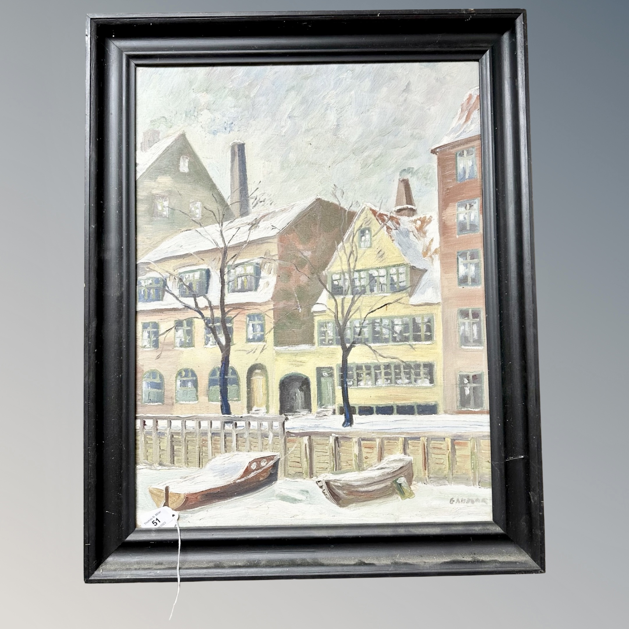 Continental school : Buildings and boats in snow, oil on canvas, 45cm by 58cm.