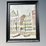 Continental school : Buildings and boats in snow, oil on canvas, 45cm by 58cm.