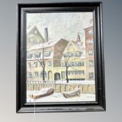 Continental school : Buildings and boats in snow, oil on canvas, 45cm by 58cm.