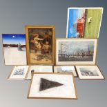Eight assorted framed and unframed pictures to include antiquarian colour prints,
