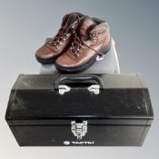 A pair of Hi-Tec size 7 outdoor walking boots, boxed, together with a metal toolbox.