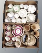 Two boxes containing Wade lustre pottery, Maling ware, part English and foreign tea services.