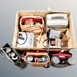 A box containing field glasses by Skybolt, Ranger and Prinzlux, all cased, vintage cameras etc.