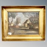 Continental school : Cottages by a road, oil on board, 39cm by 29cm.