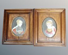 Two 19th century hand painted porcelain panels depicting ladies in period dress,