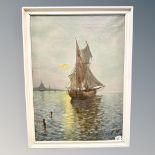 Continental school : Sailing boat at sunset, oil on canvas, 52cm by 71cm.