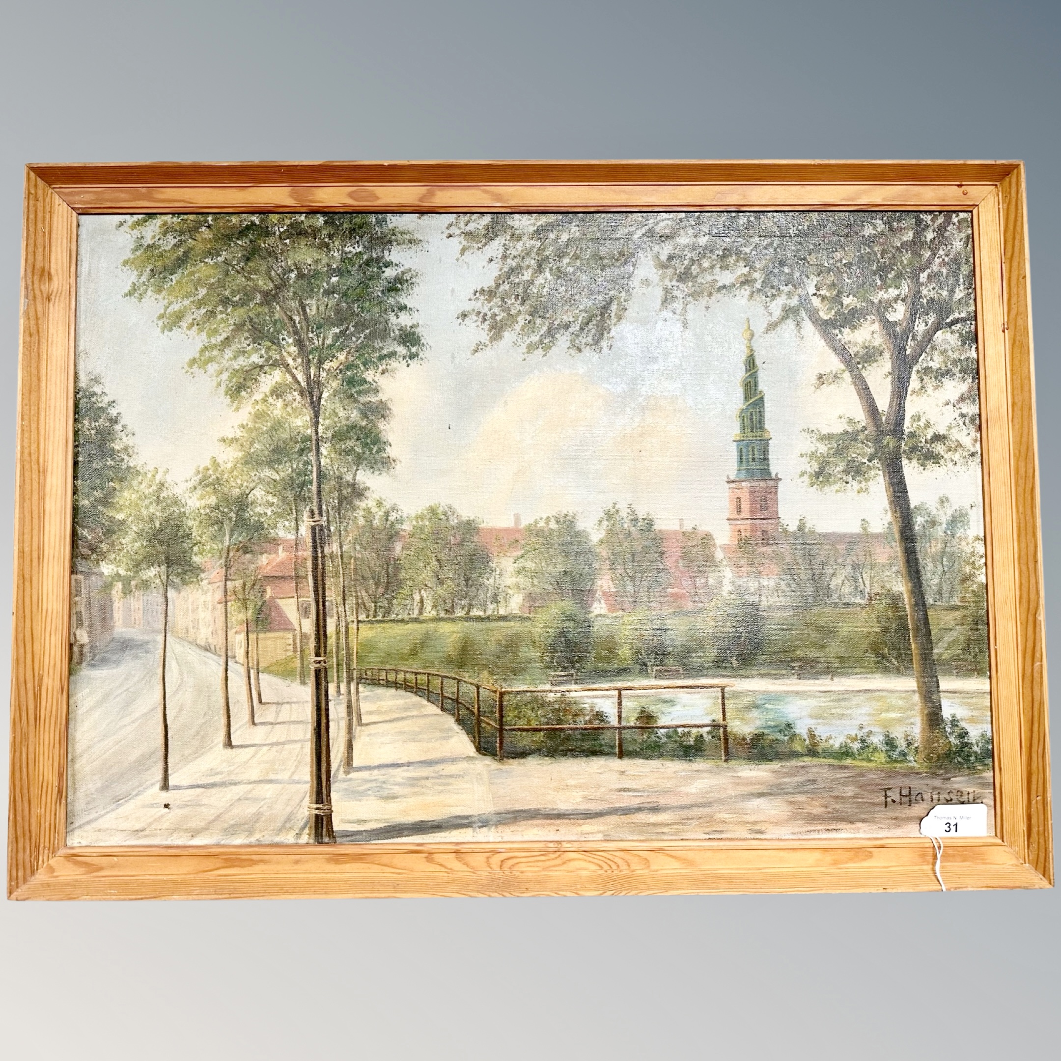 F Hansen : Tree-lined avenue, oil on canvas, 65cm by 45cm.