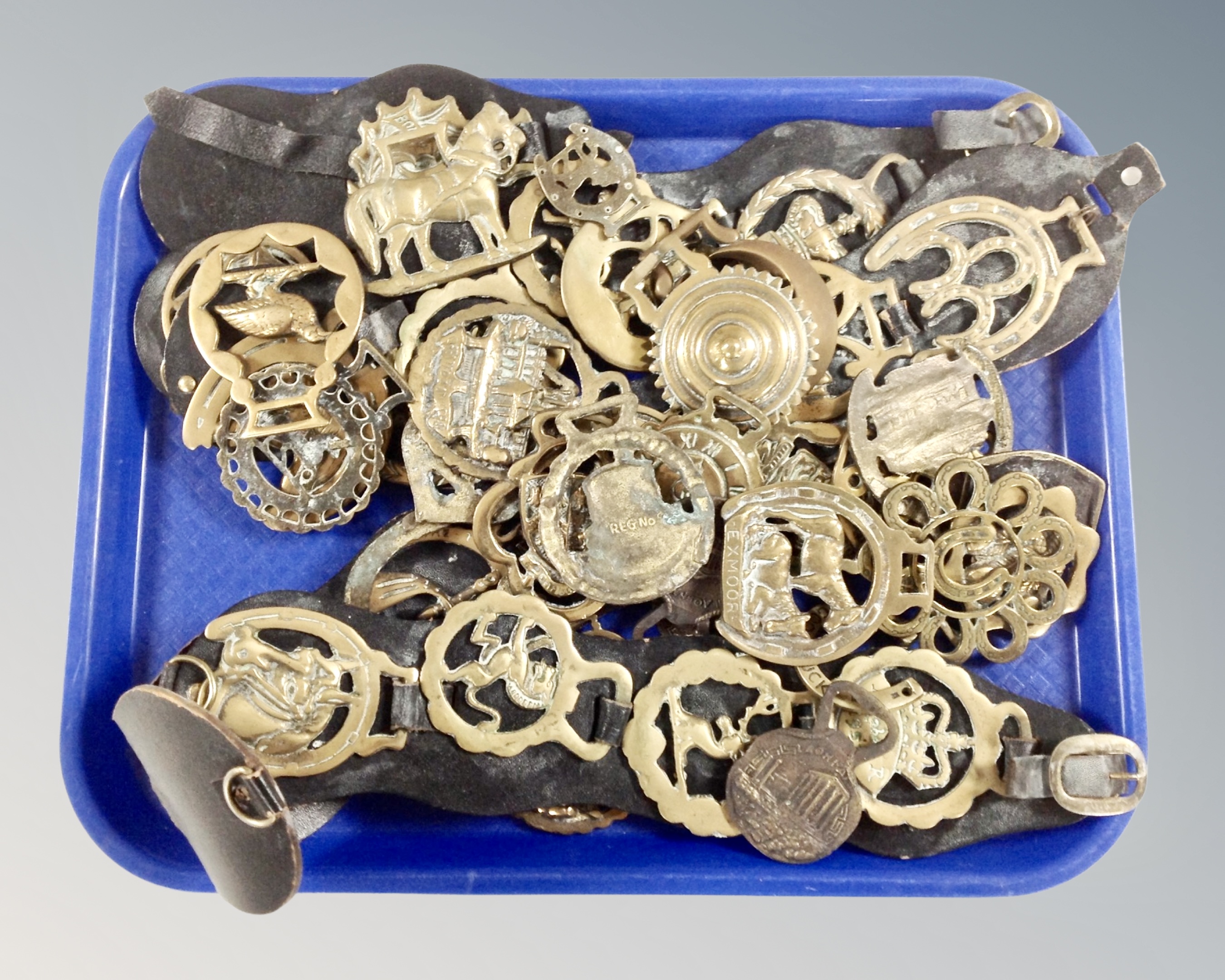 A large quantity of horse brasses, some on leather straps.