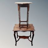 An Edwardian oak barley twist occasional table together with a two tier shaped occasional table