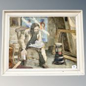 Continental school : Figure seated by a fire, oil on canvas, 61cm by 47cm.