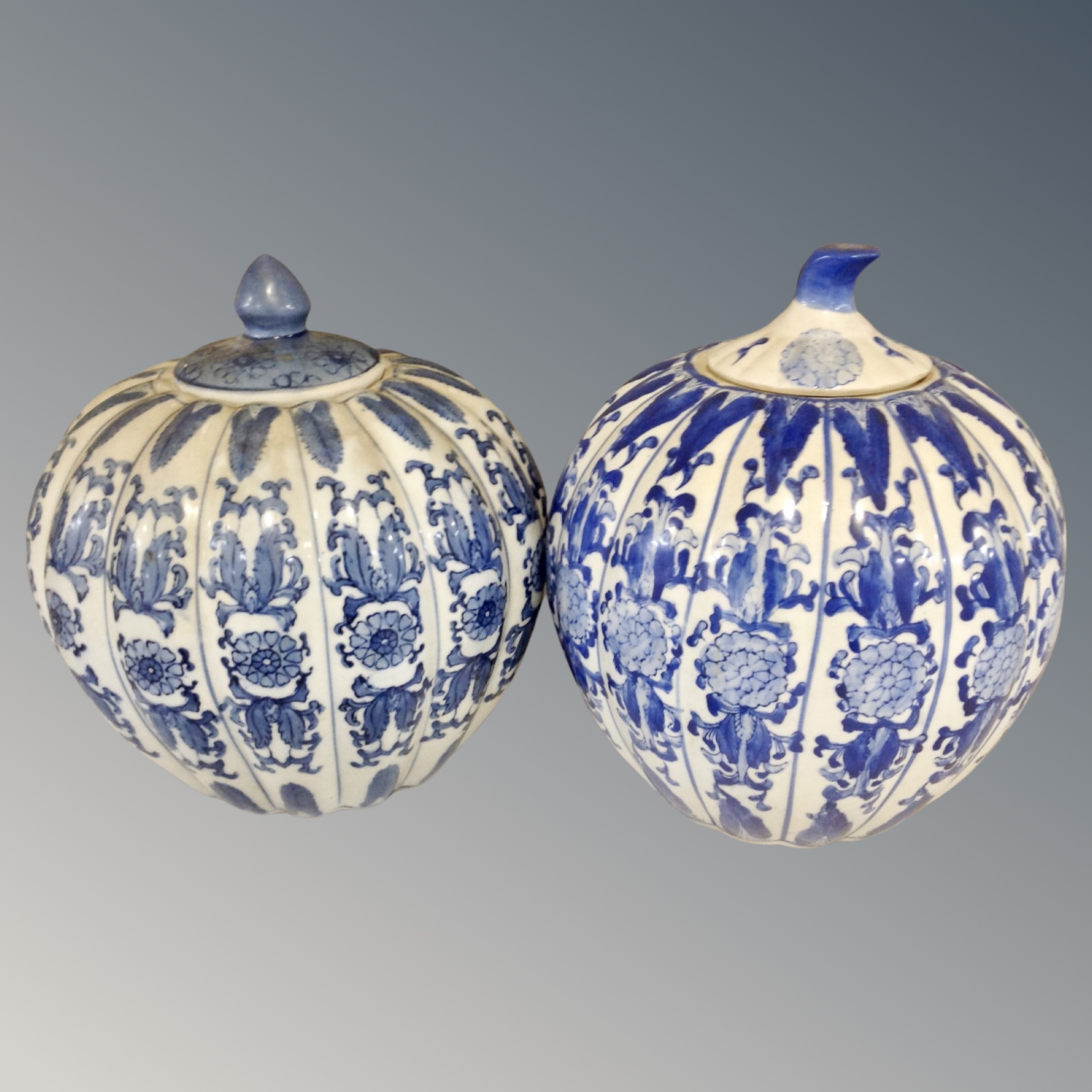 Two Chinese style blue and white pumpkin vases