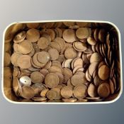 A tin containing mainly 20th century British copper coinage.