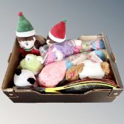 A box containing children's dolls, Warmies cuddle barn puppy, tennis rackets etc, all parts new.