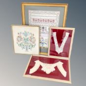 A 20th century sampler in gilt frame dated 1979 together with a further framed tapestry and two