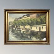 Danish School : Boats on a canal, oil on canvas, 51cm by 37cm.