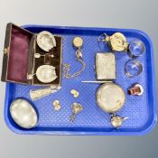 A collection of items including a silver plated snuff box, a pair of 9ct yellow gold cufflinks,
