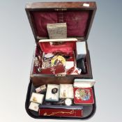 A Victorian box containing costume jewellery, a wristwatch etc.
