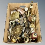 A collection of brass and metal items including table lamps, goblets etc.