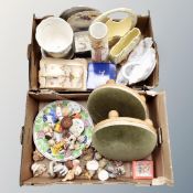 Two boxes containing antique and later ceramics, ornaments, a pair of circular footstools.