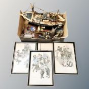 A box containing a wooden model of a trawler, die cast Ringtons delivery cars, assorted metalware,