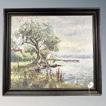 E Thorbrorn : Tree by a lake, oil on canvas, 58cm by 50cm.