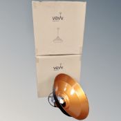 A pair of VEW black and copper pendant light fittings, boxed.