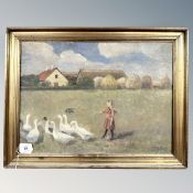E J Bilving : Child feeding geese, oil on canvas, 47cm by 35cm.