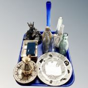 A Homemaker plate together with glass bottles, ashtray etc.