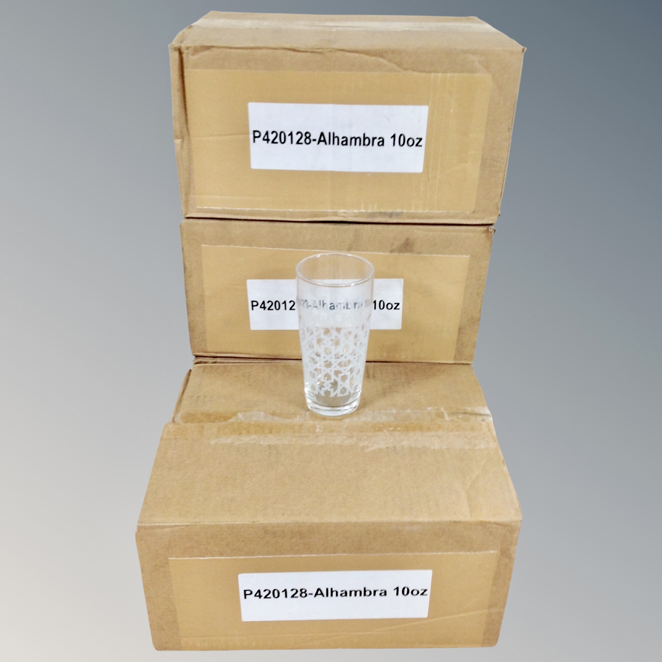 Four boxes containing 10oz toughened glass tumblers.