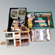 Two crates containing 20th century children's toys including plastic soldiers, games,