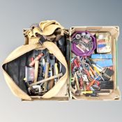 Two boxes containing a holdall and tool belt together with a large quantity of assorted hand tools