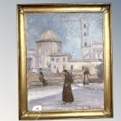 Danish School : Figures by a monastery, oil on canvas, 38cm by 48cm.