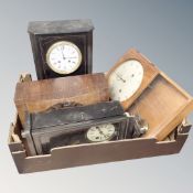 A box containing four assorted antique and later mantel and wall clocks.