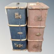 Two vintage wooden bound shipping trunks.
