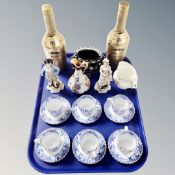 A tray containing Copeland blue and white coffee cans, continental figures,
