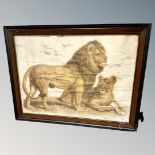 A Continental print depicting a lion and lioness, 86cm by 64cm.