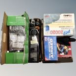 Two boxes of electrical items including walkie-talkies, an air bed, document shredder,