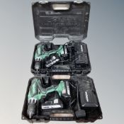 Two Hitachi cordless drills, both with batteries and chargers, cased.