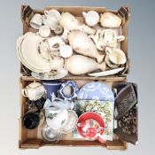 Two boxes containing assorted ceramics and metalware including Masons willow pattern jug,