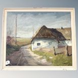 K Hansted : Thatched cottage by a road, oil on canvas, 60cm by 50cm.