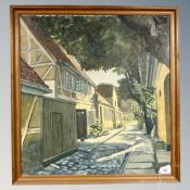 Danish School : Cobbled street, oil on canvas, 52cm by 55cm.