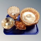 A tray of carnival glass items including bowls etc.