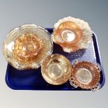 A tray of carnival glass dishes etc.