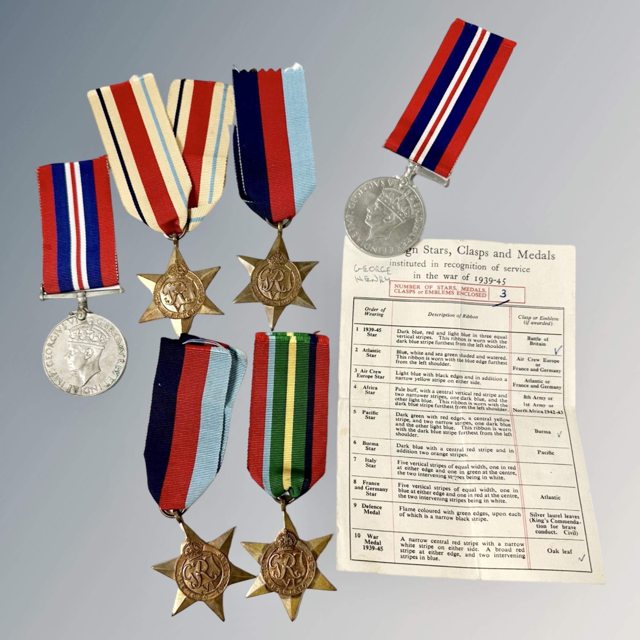 Six World War II campaign medals including Africa star, Pacific star, 1939-45 star.