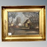 Continental school : Cottages by a road, oil on board, 39cm by 29cm.
