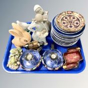 A tray containing Copenhagen blue and white plates, two Royal Crown Derby dishes,