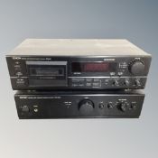 A Denon cassette tape deck DRM-555, together with integrated amplifier PMA-255UK.