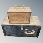 An Edwardian oak shoe shine box with brass handles, together with a further footlocker.