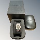 A lady's Emporio Armani stainless steel quartz wristwatch, case22mm, in box with documentation.