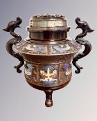 A Chinese bronze and cloisonné enamel twin-handled lidded censer, with dragon handles,